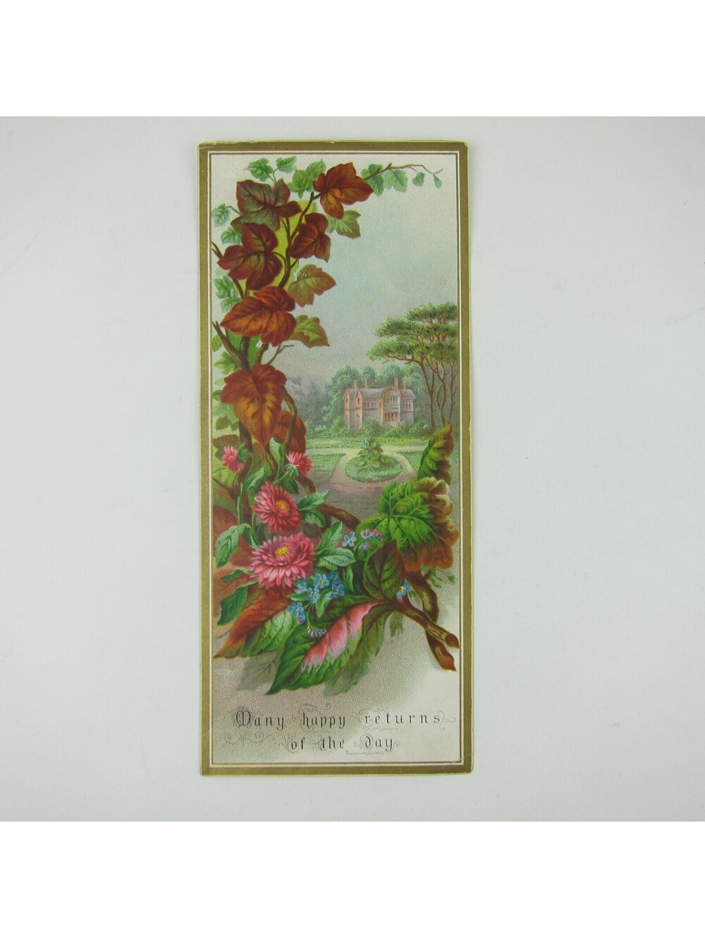 Victorian Greeting Card Georgian House Mansion Pink Flowers Leaves Happy Returns